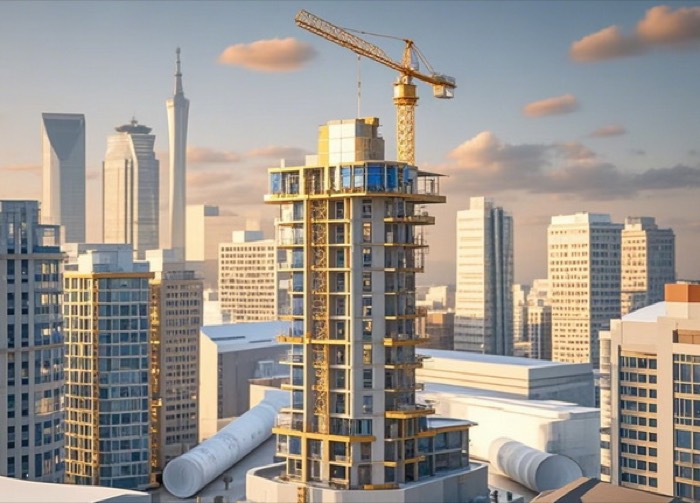 Construction project skyline at sunset