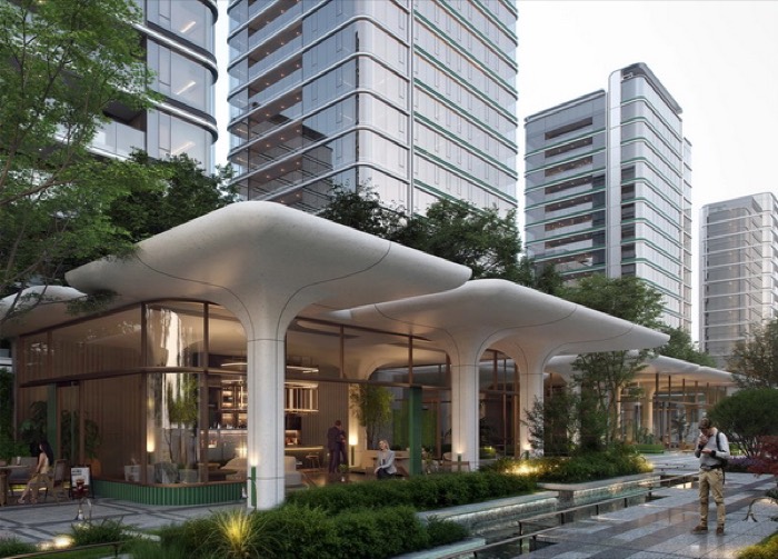 Mixed-use development with landscaped entrance