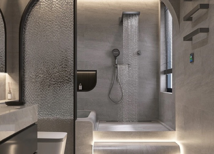 Minimalist concealed shower installation in a contemporary bathroom