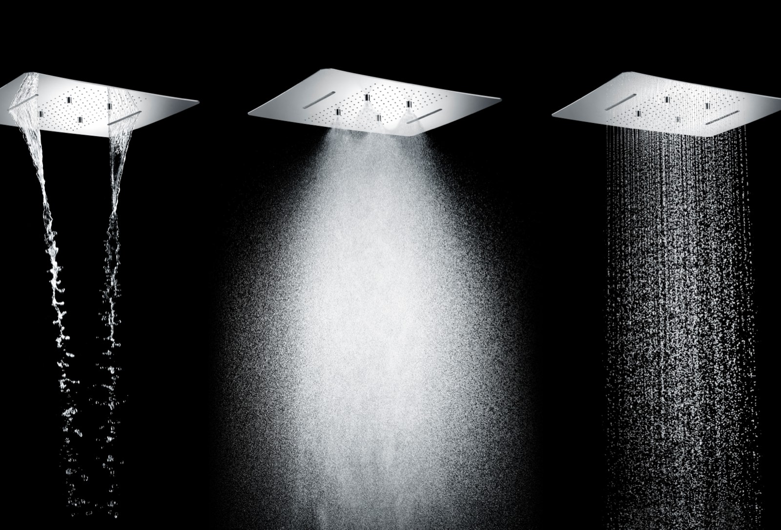 Multi-function shower heads showing rain, mist and massage spray patterns