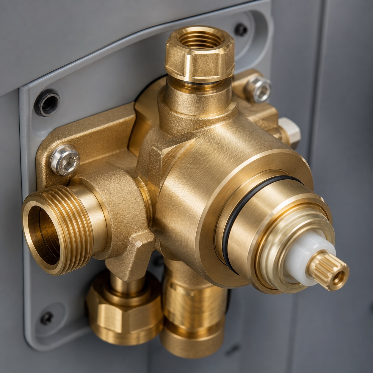 Precision machined brass concealed shower valve detail