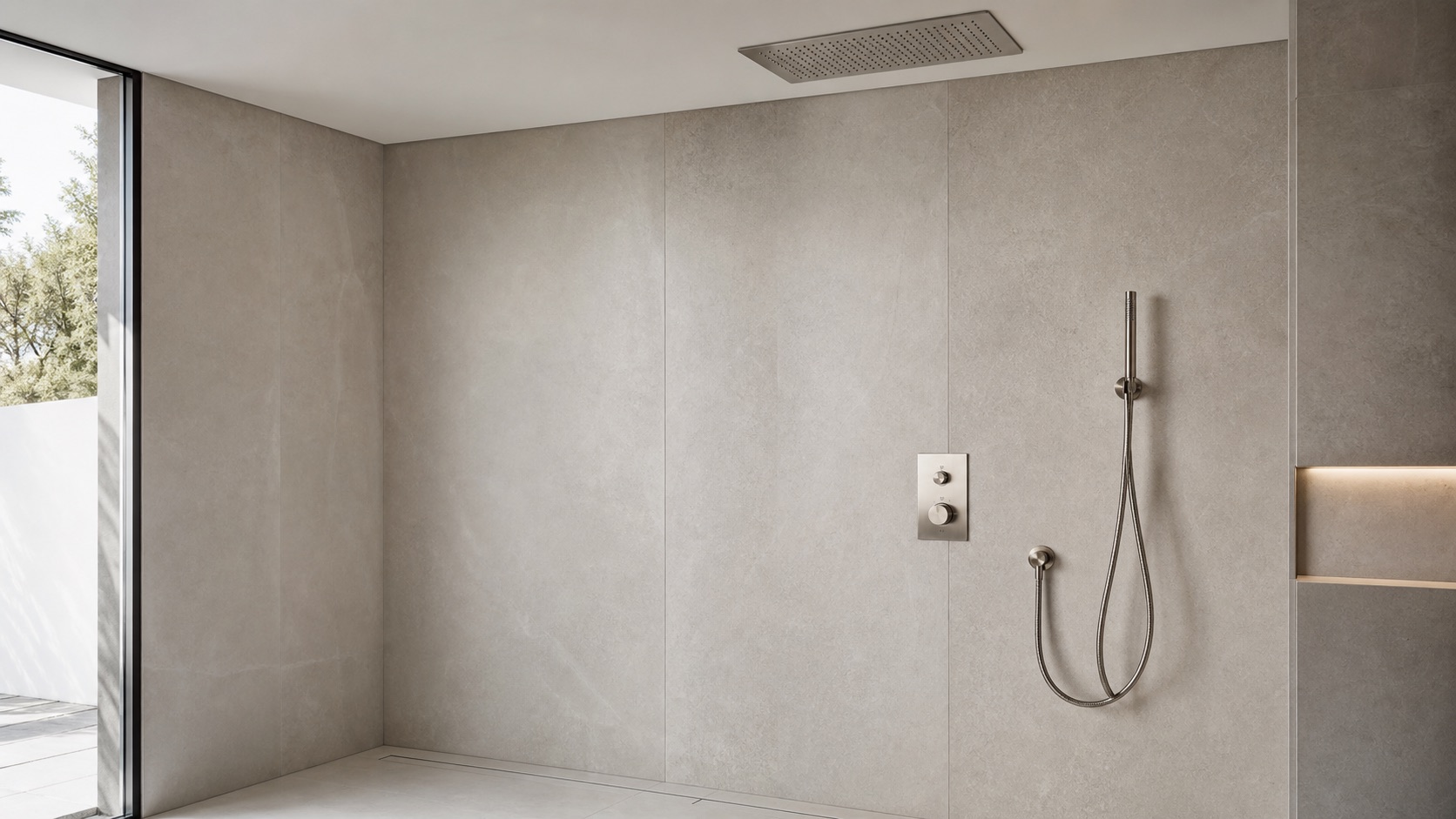 Concealed shower system installed in a bright stone bathroom