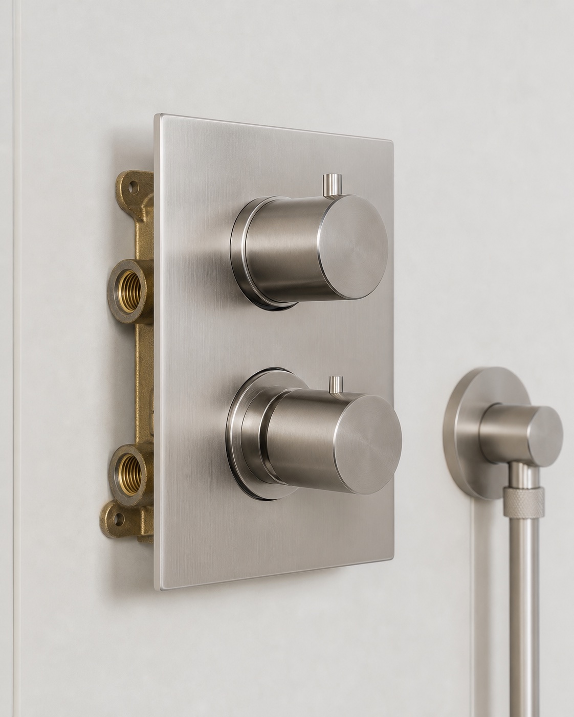 Concealed thermostatic shower control in satin metal
