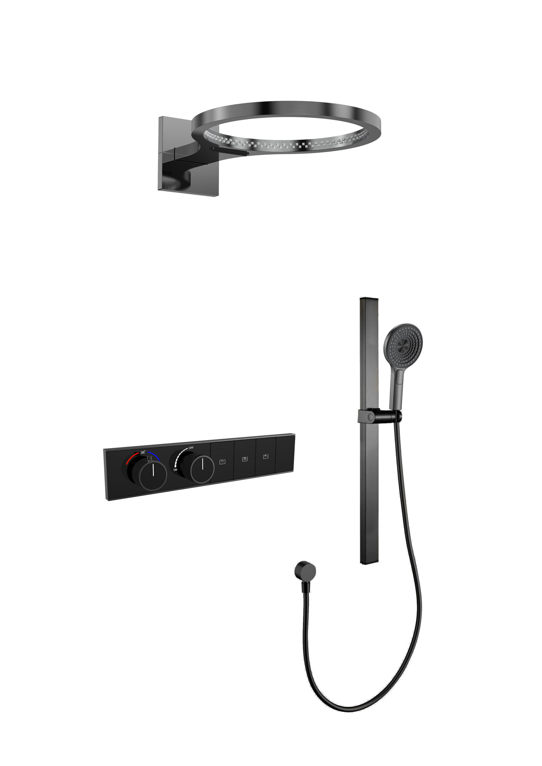 Thermostatic concealed shower system with dual-function ring rain shower head, push-button control panel and three-function hand shower