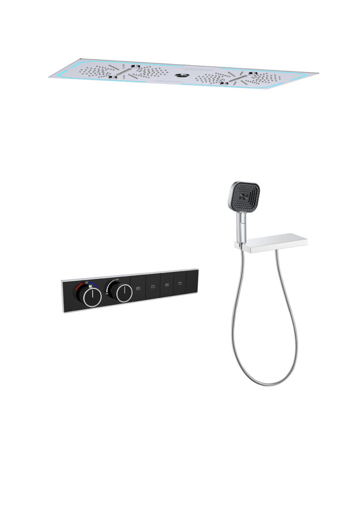 Thermostatic concealed shower system with 700 × 350 mm three-function ceiling rain shower, push-button controls and three-function hand shower