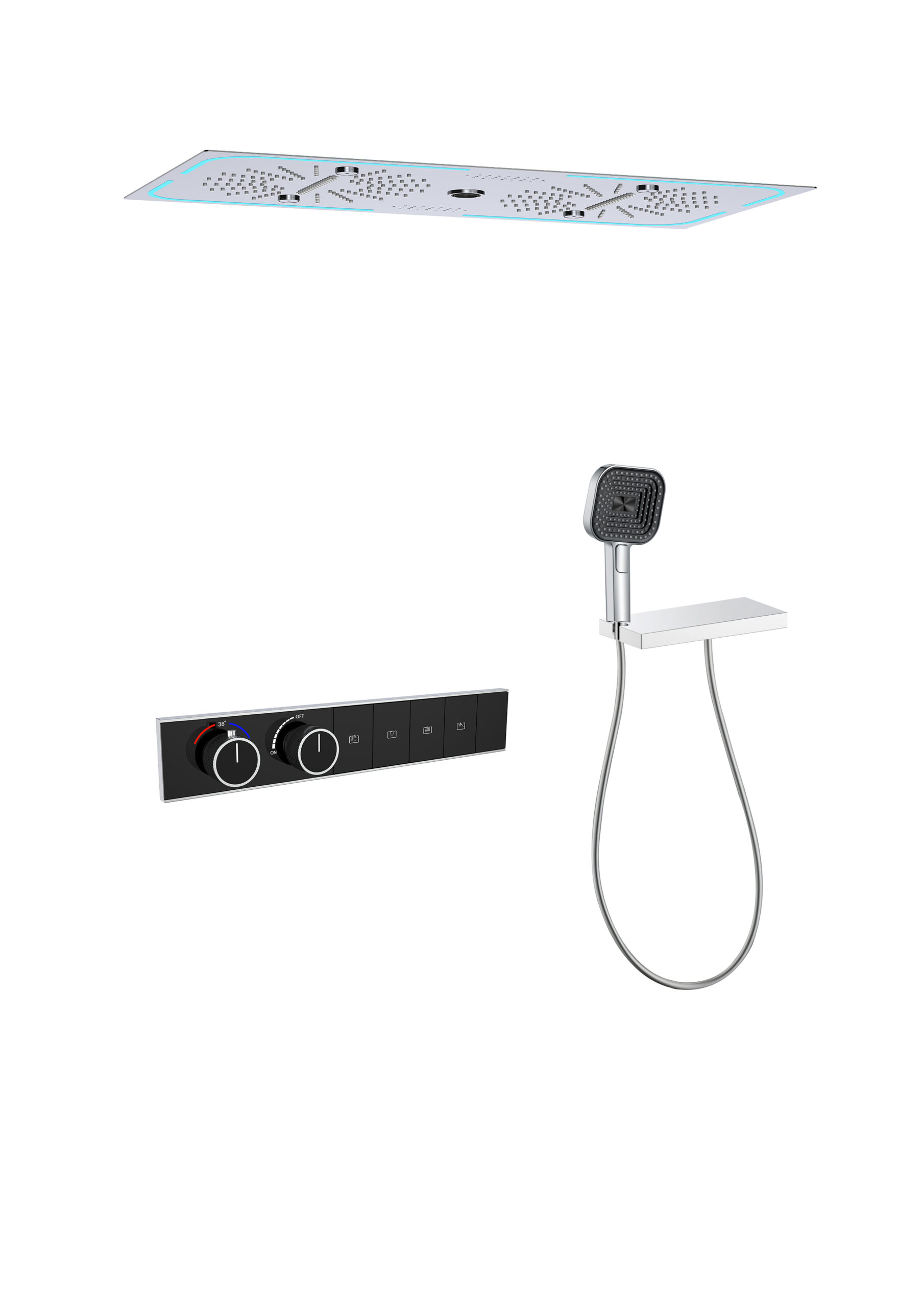 Thermostatic concealed shower system with 700 × 350 mm three-function ceiling rain shower, push-button controls and three-function hand shower