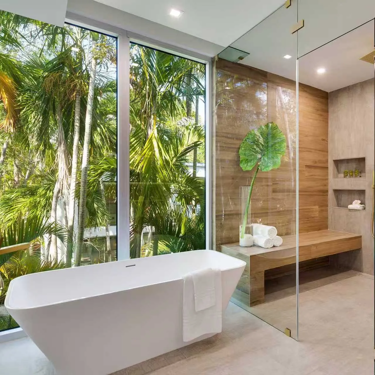 Contemporary bathroom with freestanding bathtub and walk-in shower