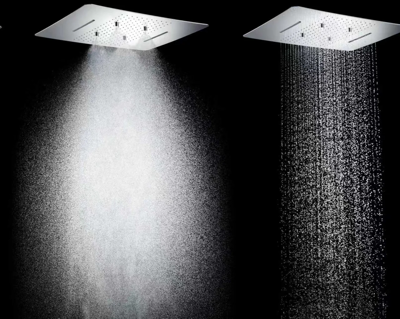 Two premium ceiling-mounted rain shower spray patterns